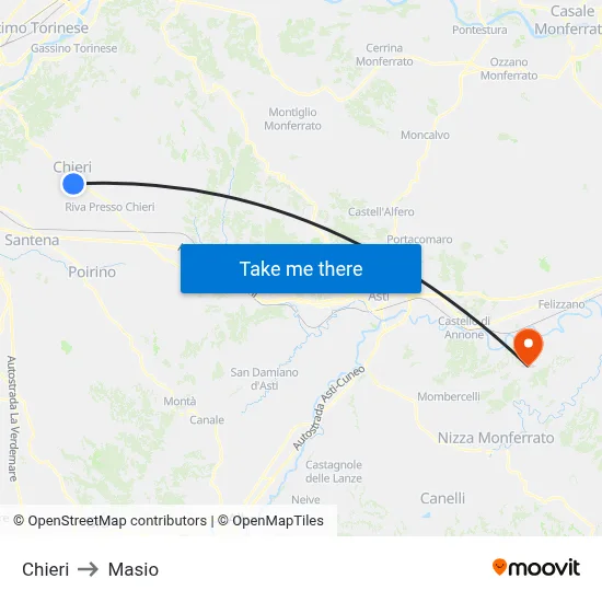 Chieri to Masio map