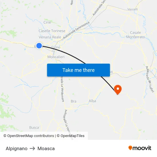 Alpignano to Moasca map