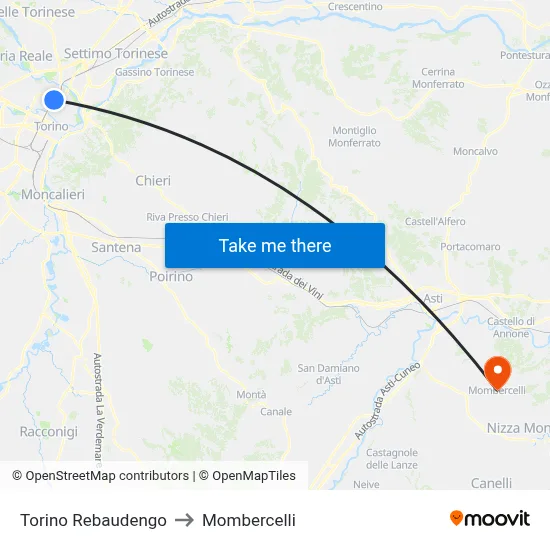 Turin Rebaudengo to Mombercelli map