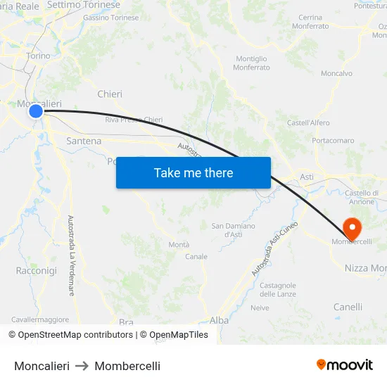 Moncalieri to Mombercelli map