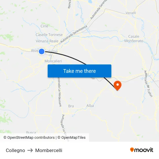 Collegno to Mombercelli map