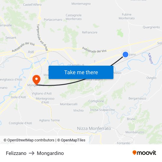 Felizzano to Mongardino map