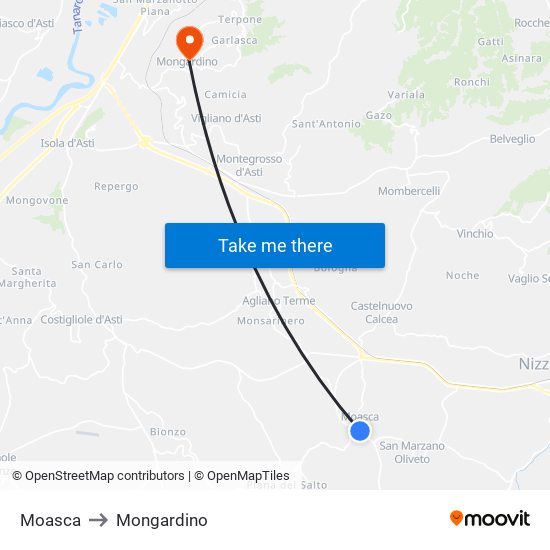 Moasca to Mongardino map
