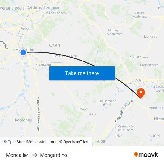 Moncalieri to Mongardino map
