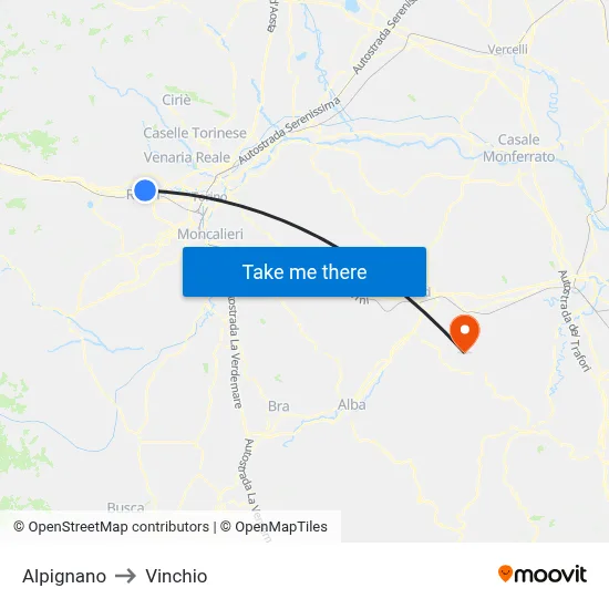 Alpignano to Vinchio map