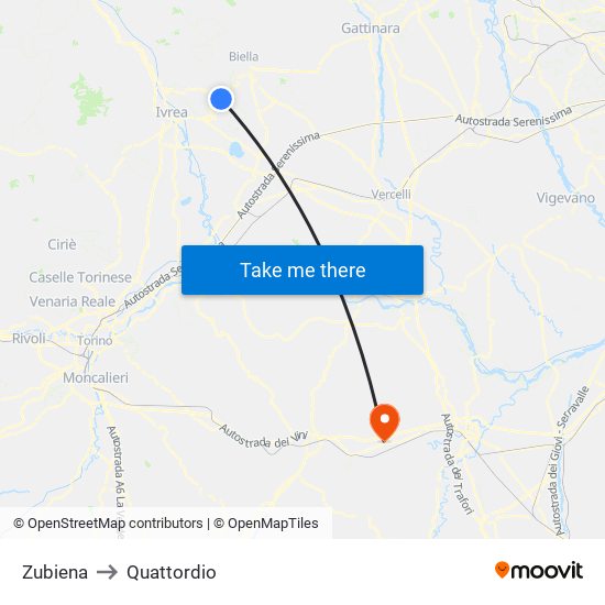 Zubiena to Quattordio map