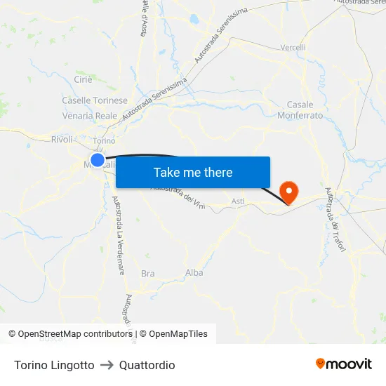 Turin Lingotto to Quattordio map