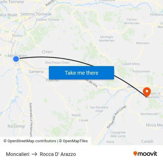 Moncalieri to Rocca D' Arazzo map