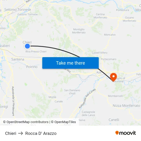 Chieri to Rocca D' Arazzo map