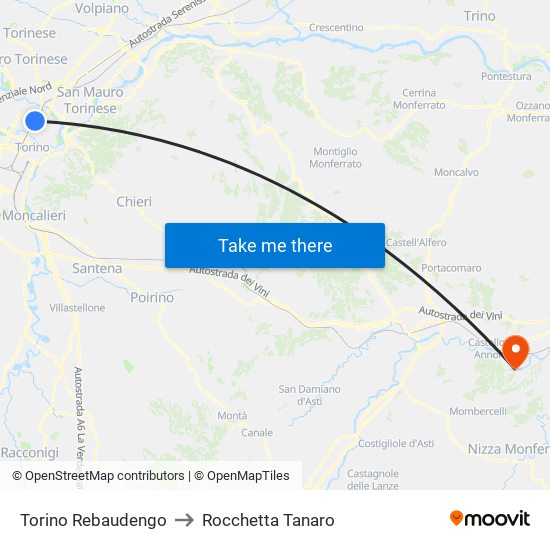 Torino Rebaudengo to Rocchetta Tanaro map