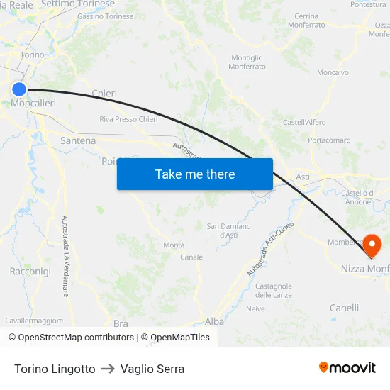Turin Lingotto to Vaglio Serra map