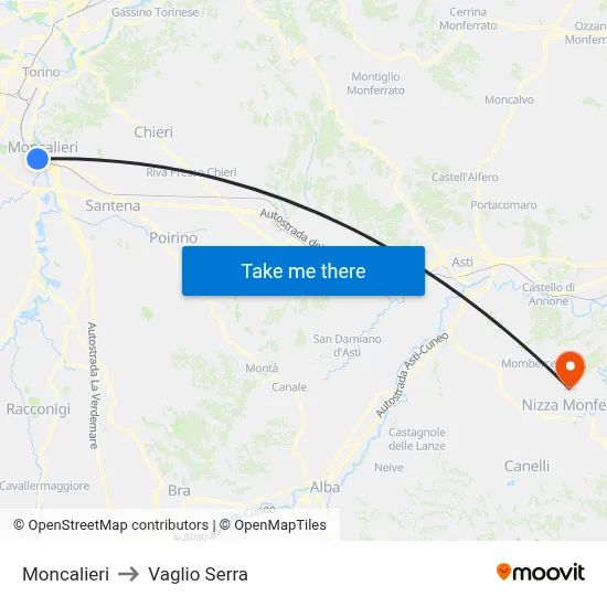 Moncalieri to Vaglio Serra map