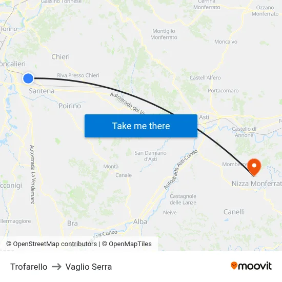 Trofarello to Vaglio Serra map