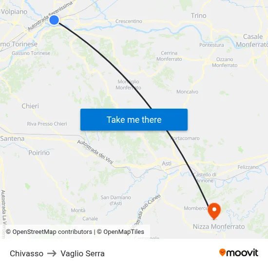 Chivasso to Vaglio Serra map