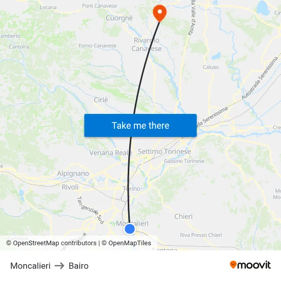 Moncalieri to Bairo map