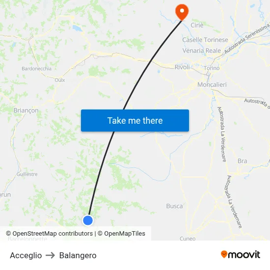 Acceglio to Balangero map