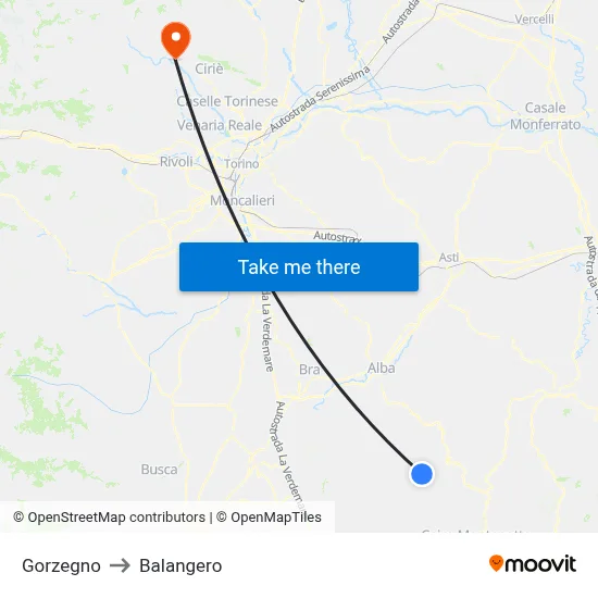 Gorzegno to Balangero map