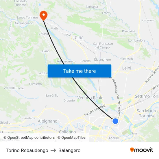 Turin Rebaudengo to Balangero map