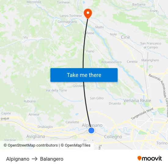 Alpignano to Balangero map
