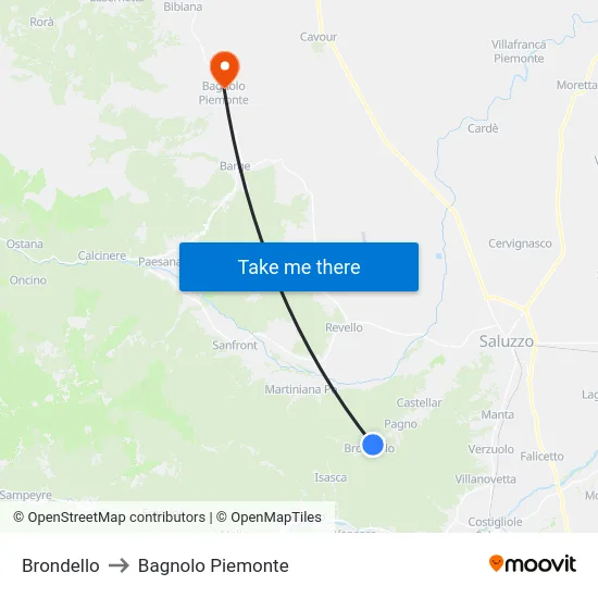 Brondello to Bagnolo Piemonte map