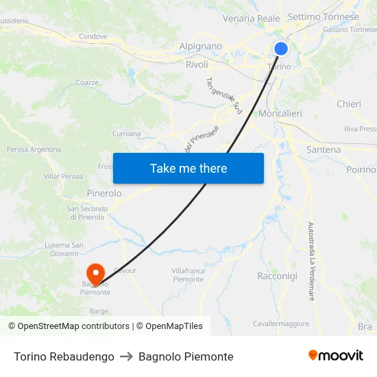 Turin Rebaudengo to Bagnolo Piemonte map