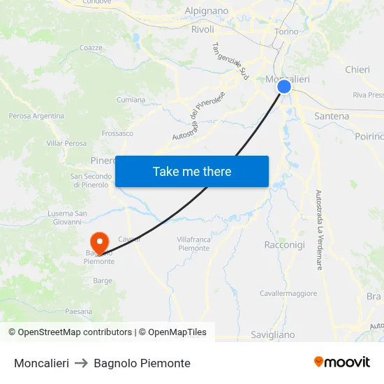 Moncalieri to Bagnolo Piemonte map