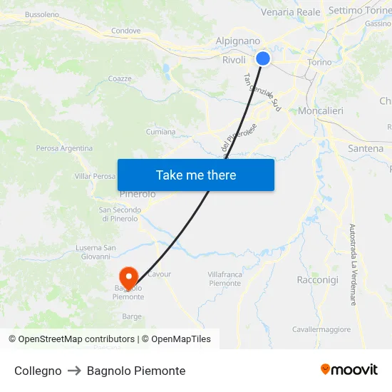 Collegno to Bagnolo Piemonte map
