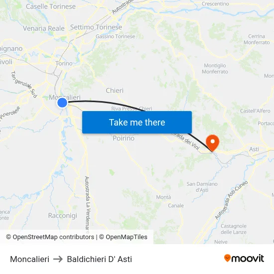Moncalieri to Baldichieri D' Asti map