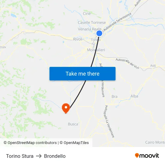 Turin Stura to Brondello map