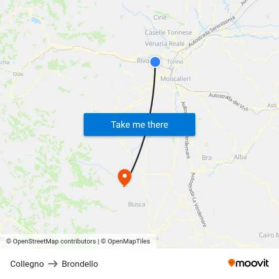 Collegno to Brondello map