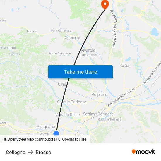 Collegno to Brosso map