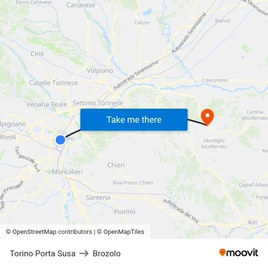Turin Porta Susa to Brozolo map