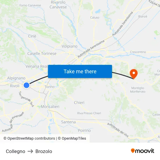 Collegno to Brozolo map