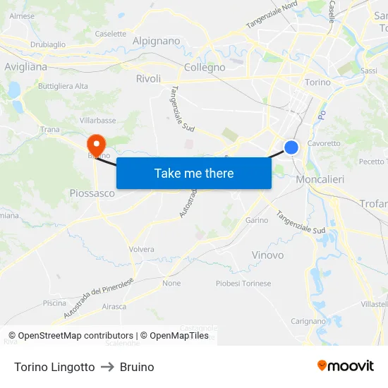 Turin Lingotto to Bruino map