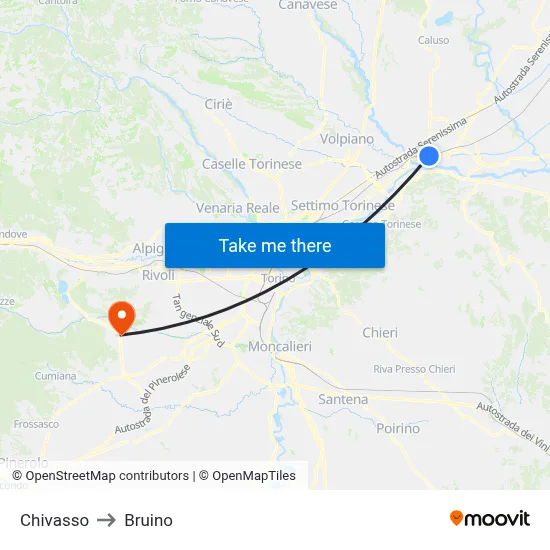 Chivasso to Bruino map