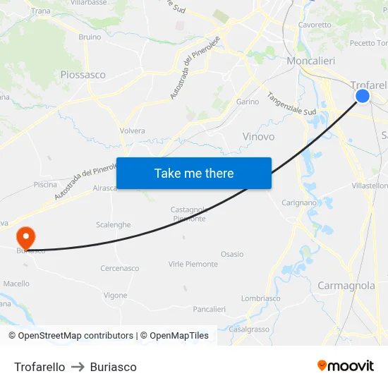 Trofarello to Buriasco map