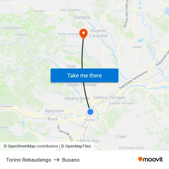 Turin Rebaudengo to Busano map