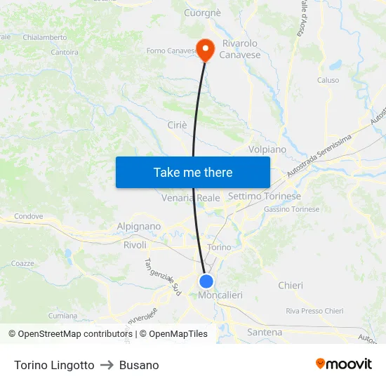 Turin Lingotto to Busano map