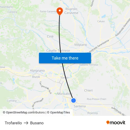 Trofarello to Busano map