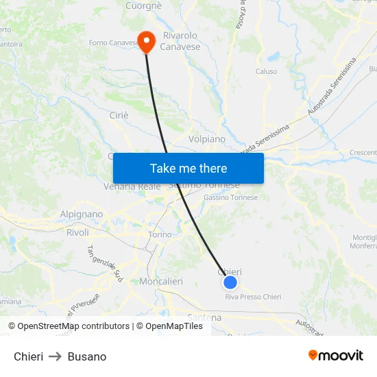 Chieri to Busano map
