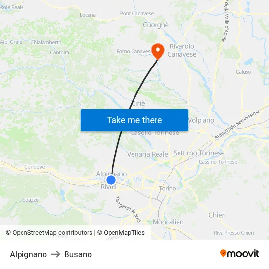 Alpignano to Busano map
