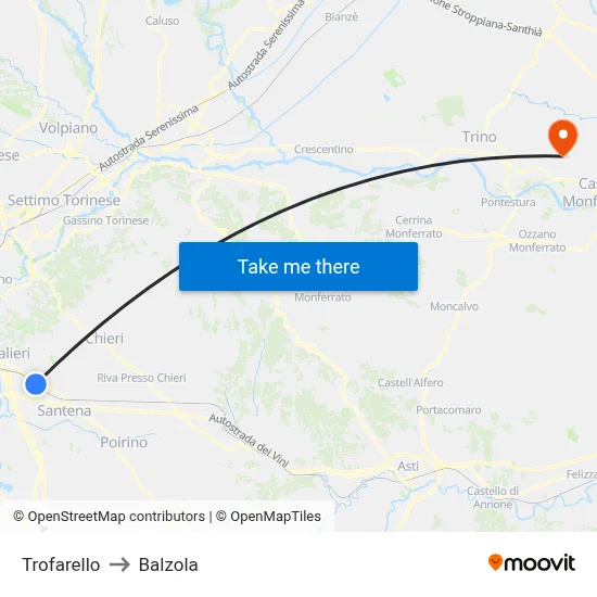 Trofarello to Balzola map