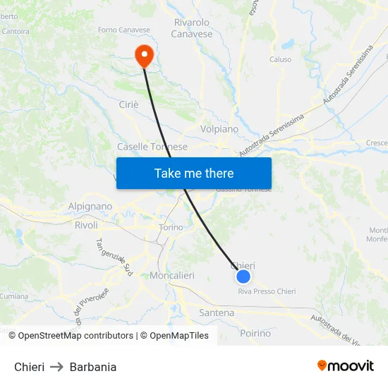 Chieri to Barbania map