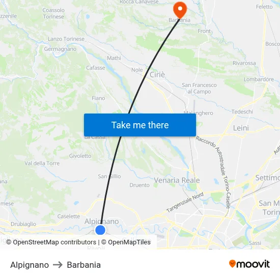Alpignano to Barbania map