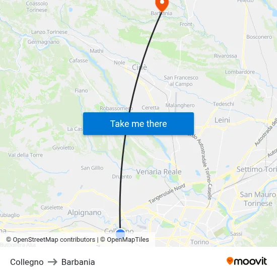 Collegno to Barbania map