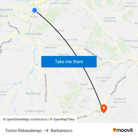Turin Rebaudengo to Barbaresco map
