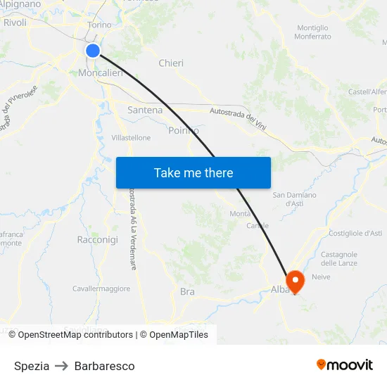 Spezia to Barbaresco map