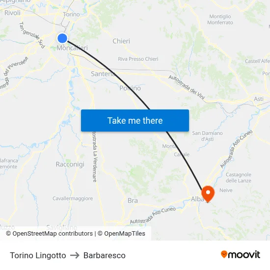 Turin Lingotto to Barbaresco map