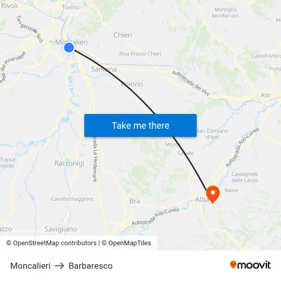 Moncalieri to Barbaresco map