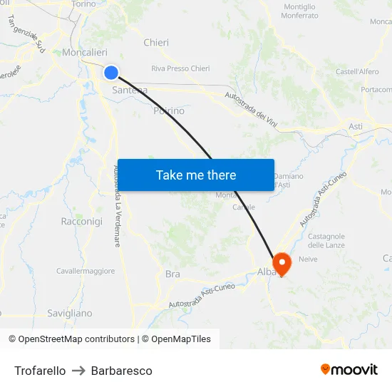 Trofarello to Barbaresco map
